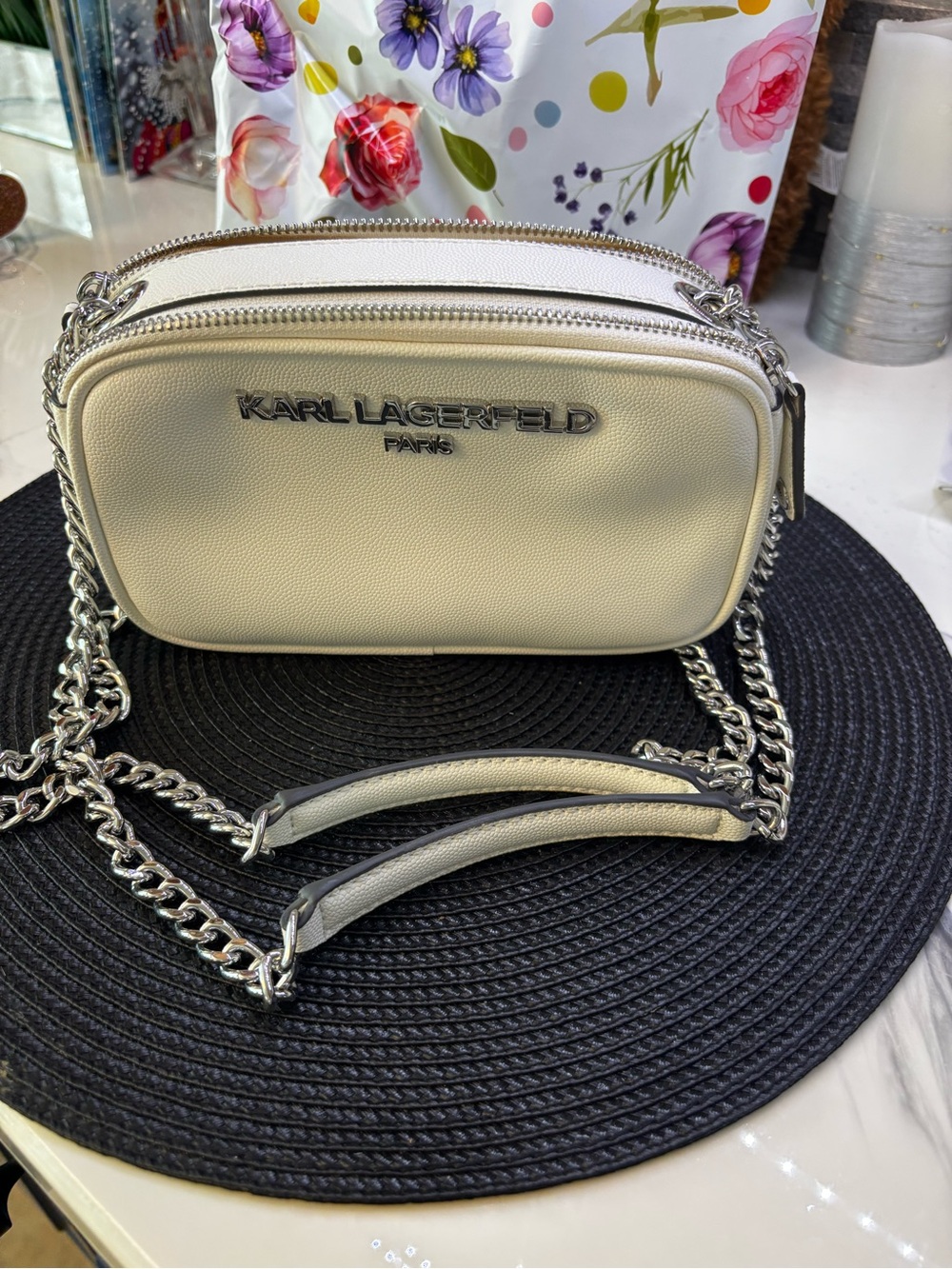 Karl Lagerfeld Cream Leather Crossbody with Silver Chain